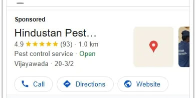 Sponsored Google Maps listing for Hindustan Pest Control in Vijayawada, rated 4.9 from 93 reviews