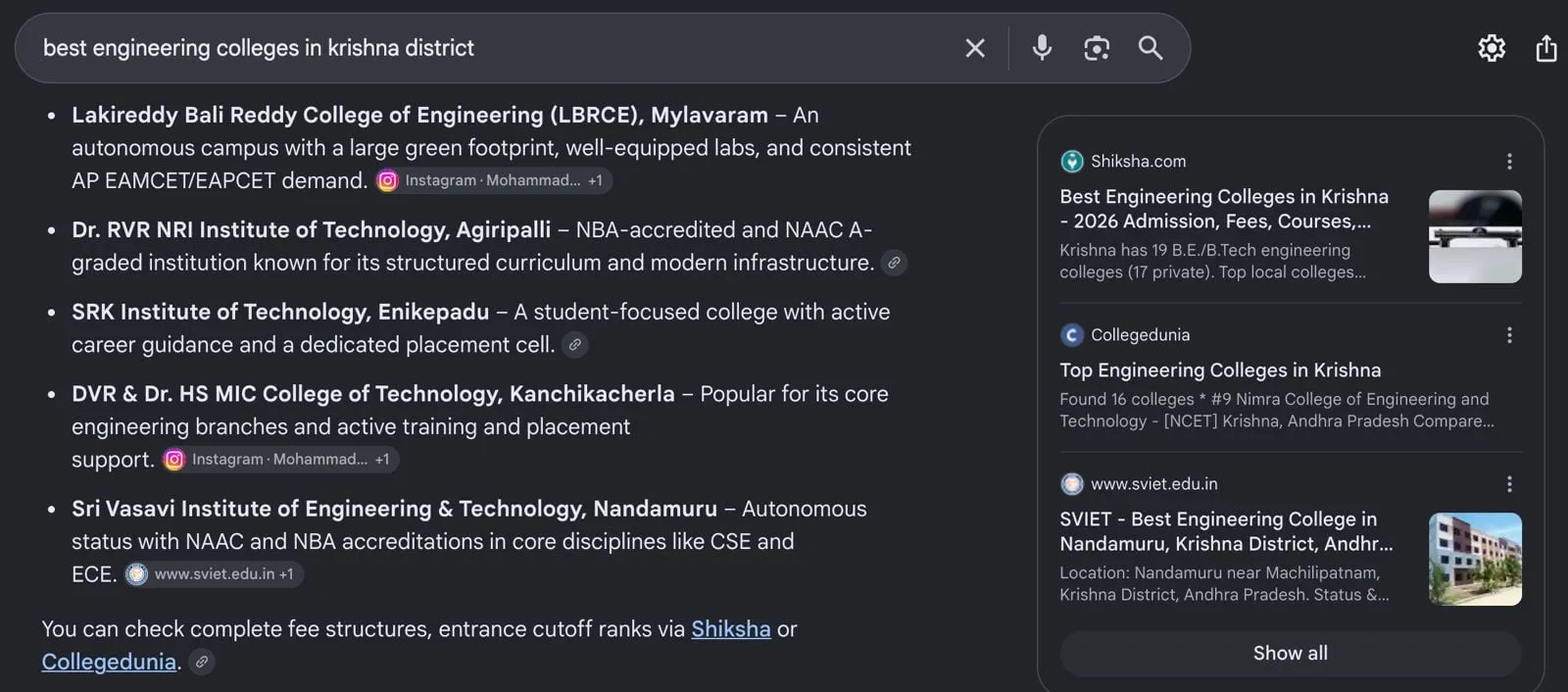 Google AI Overview listing Sri Vasavi Institute of Engineering and Technology, Nandamuru, with sviet.edu.in shown among the sources