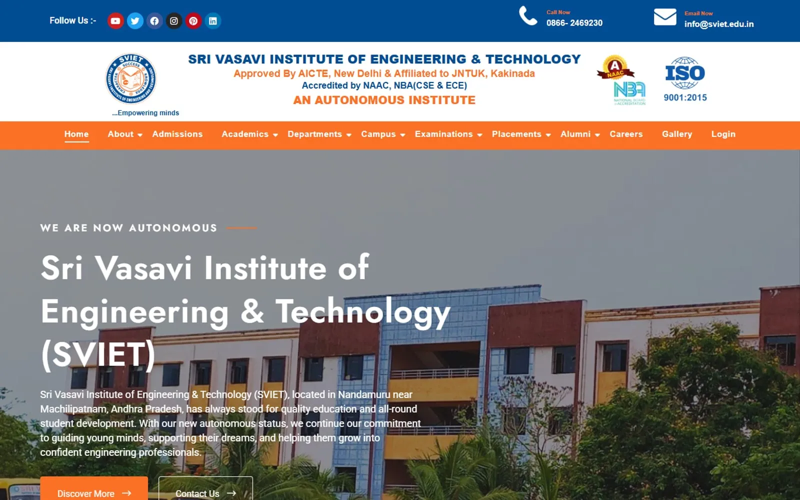 Homepage of the Sri Vasavi Institute of Engineering & Technology website, showing the college name and campus building